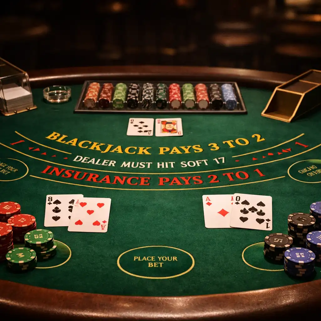 Table de blackjack avec cartes et jetons