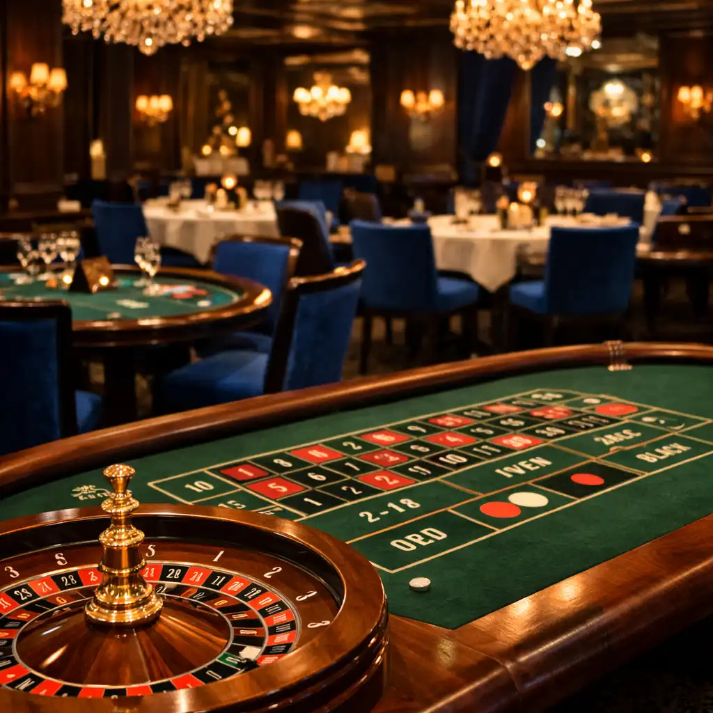 Intérieur élégant du casino Atelier des Plats avec table de roulette et boiseries sombres