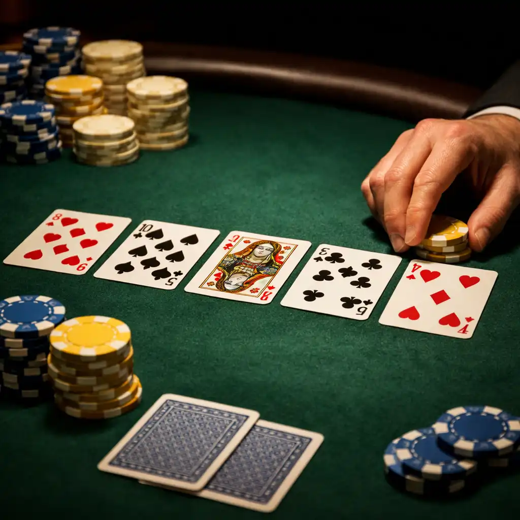 Gros plan sur une table de poker avec cartes et jetons colorés
