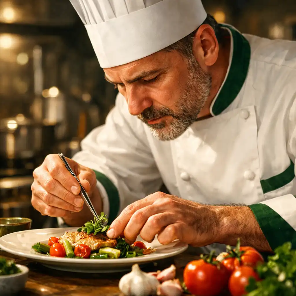 Chef cuisinier concentré sur la préparation d'un plat dans une cuisine professionnelle