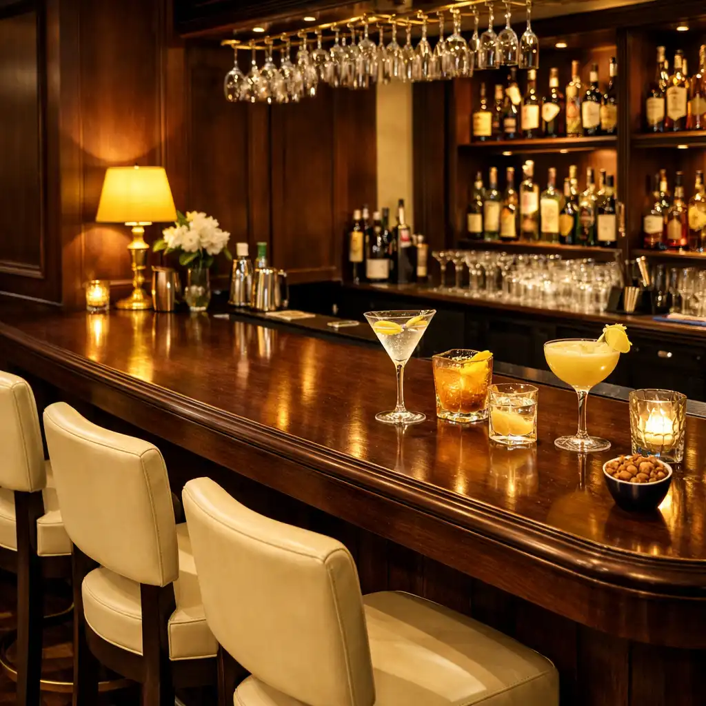 Coin bar avec comptoir en bois sombre et sélection de bouteilles