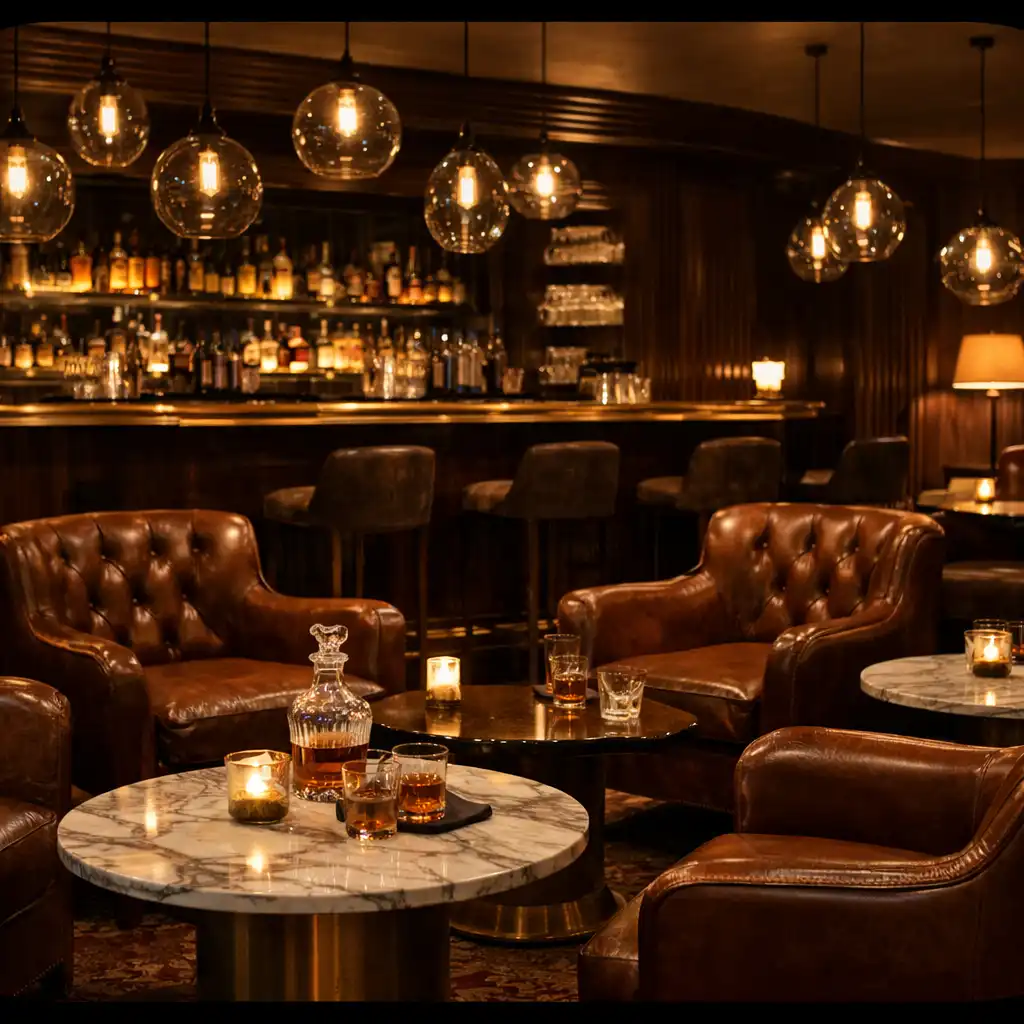 Coin salon avec fauteuils en cuir et tables basses en marbre, avec le bar en bois sombre et laiton en arrière-plan