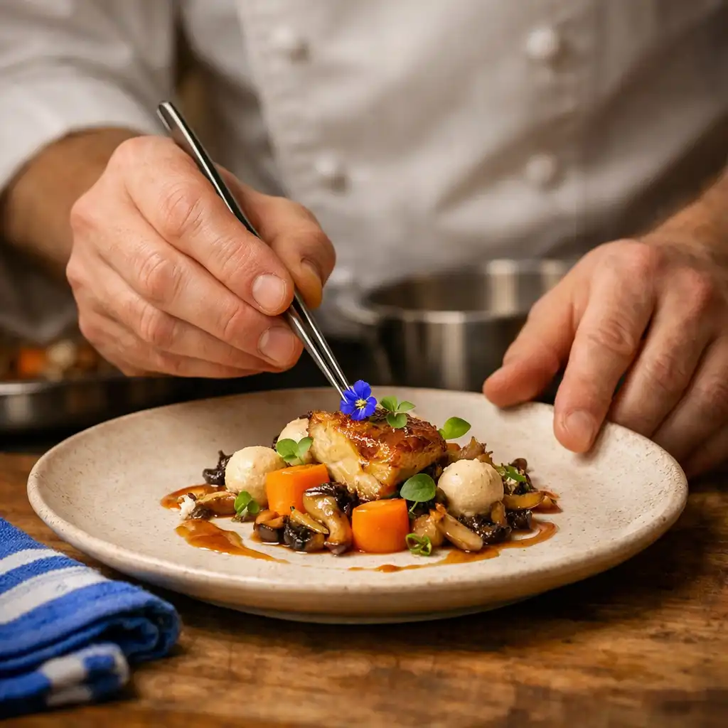 Mains d'un chef dressant une assiette gastronomique avec précision