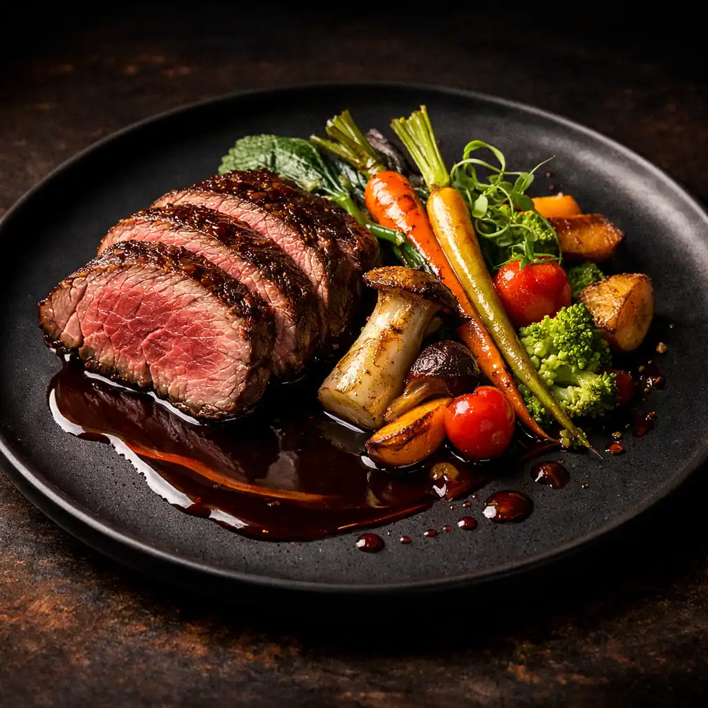 Première création du chef : assiette avec viande rôtie et légumes de saison