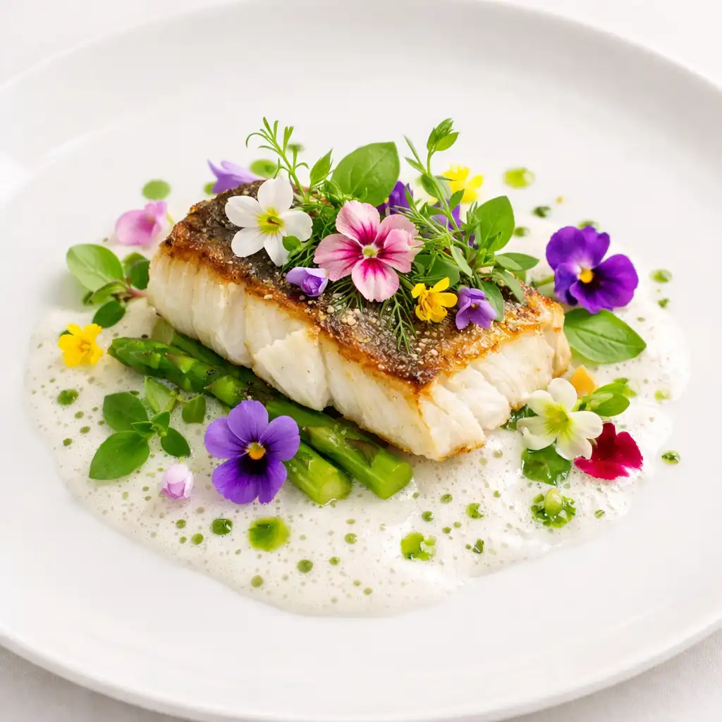 Deuxième création du chef : plat de poisson avec émulsion et herbes fraîches