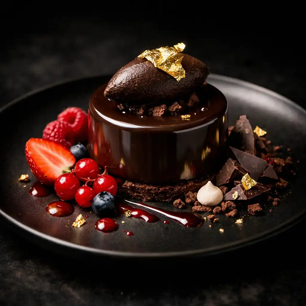 Troisième création du chef : dessert élégant avec chocolat et fruits rouges