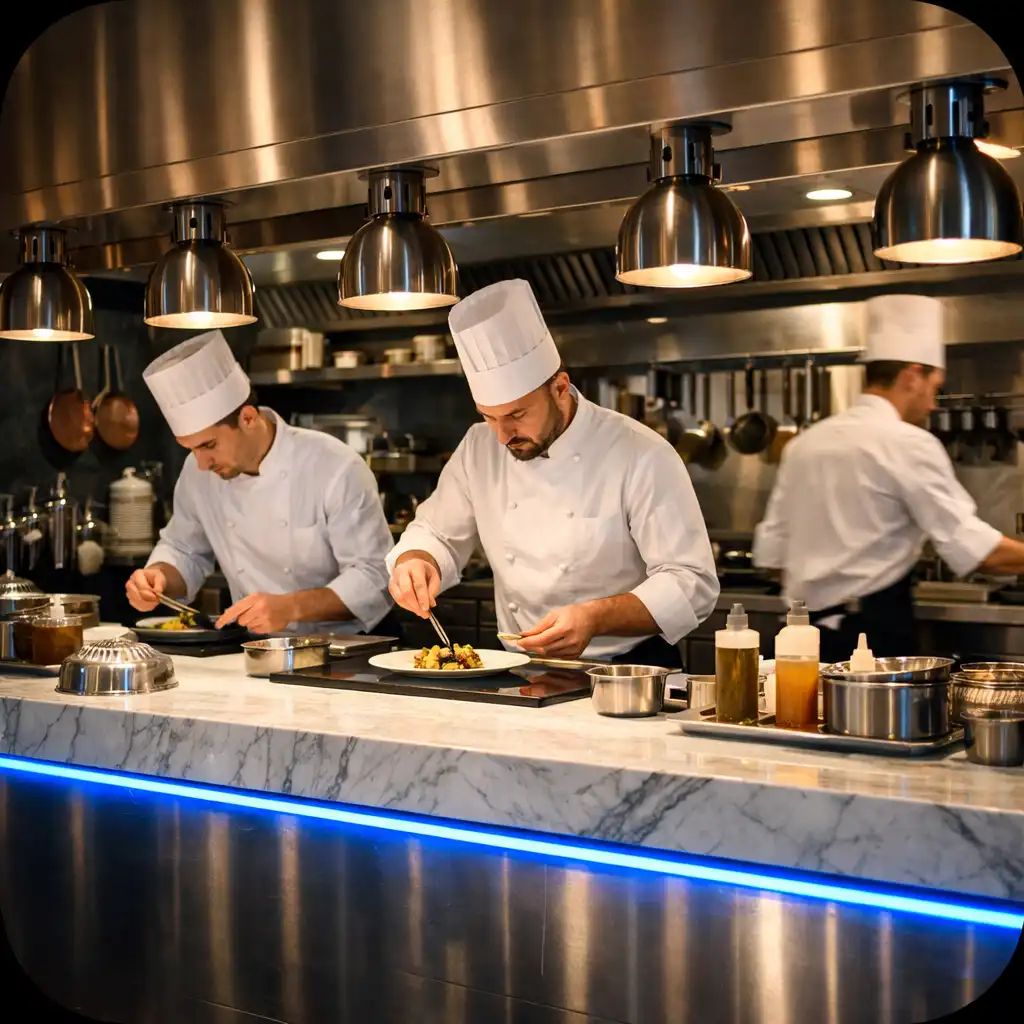 Vue de la cuisine ouverte avec le passe en acier inoxydable et marbre, et les cuisiniers en vestes blanches au travail