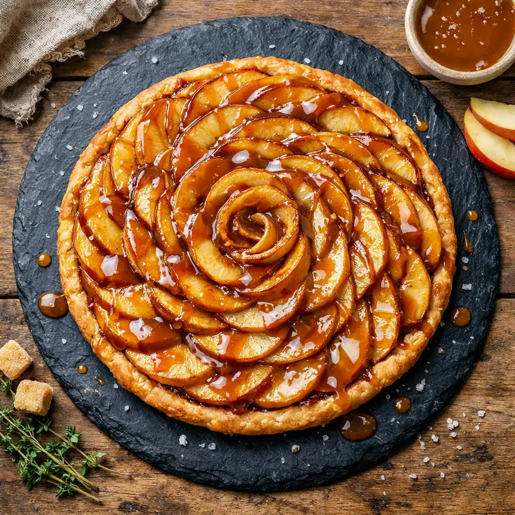 Tarte fine aux pommes, caramel au beurre salé