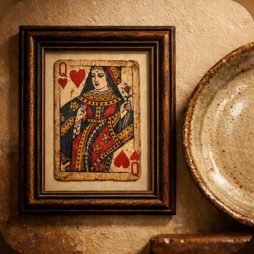 Gros plan sur une carte à jouer ancienne encadrée à côté d'une assiette en céramique artisanale