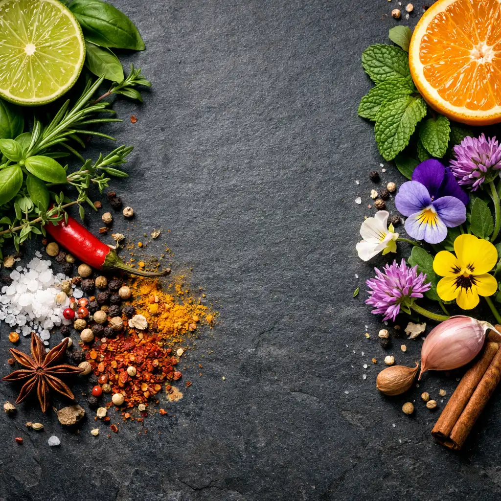 Détails d'ingrédients frais : herbes, épices et fleurs comestibles