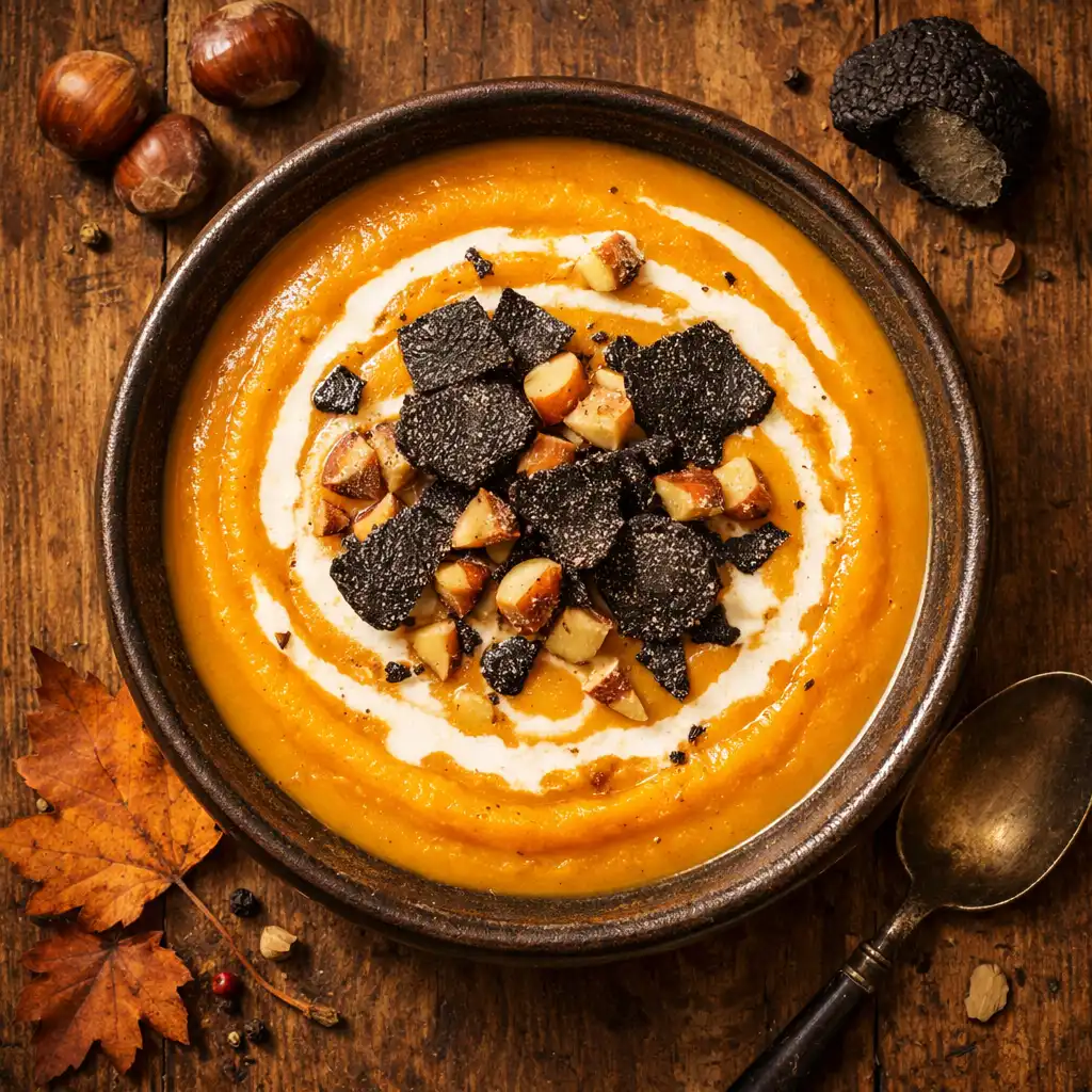Velouté de potimarron, châtaignes et truffe noire