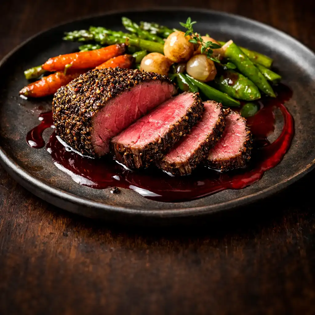 Filet de bœuf en croûte de poivre avec légumes glacés