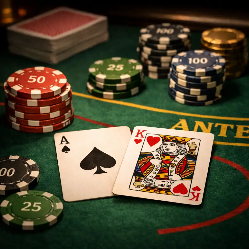 Détail d'une table de jeu de casino avec cartes et jetons