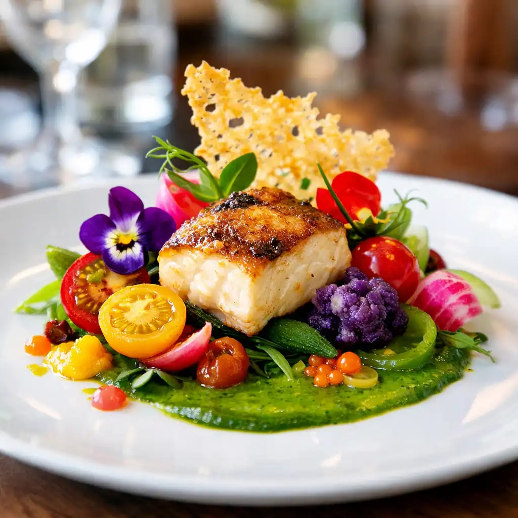 Gros plan sur un plat gastronomique avec des couleurs vives