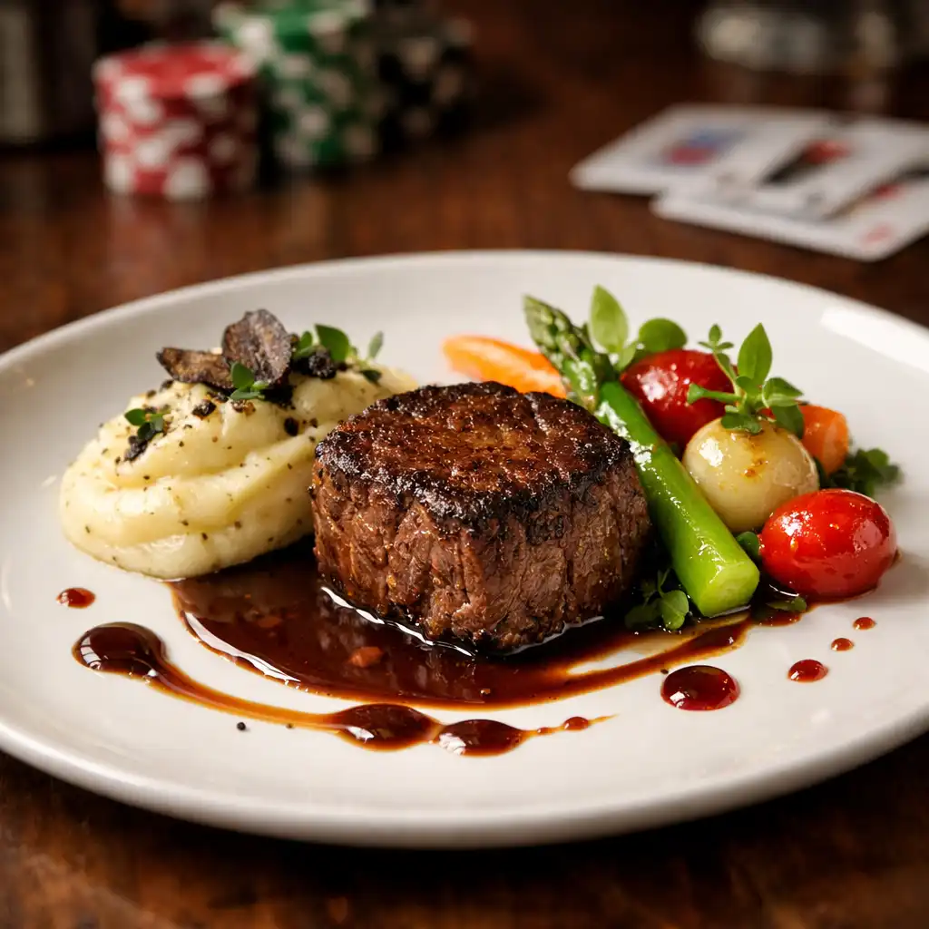Plat gastronomique servi dans une assiette en céramique blanche, avec filet de bœuf et purée truffée