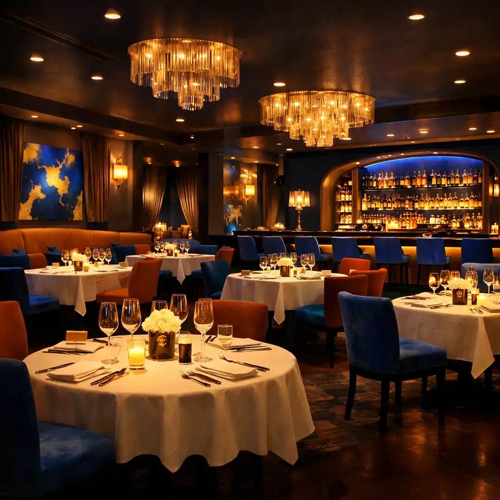 Vue panoramique de l'intérieur du restaurant Atelier des Plats, avec des tables dressées et un éclairage tamisé
