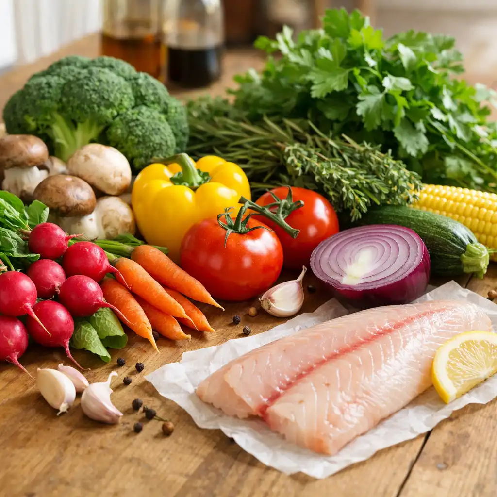 Ingrédients frais de saison disposés sur une table de cuisine en bois clair