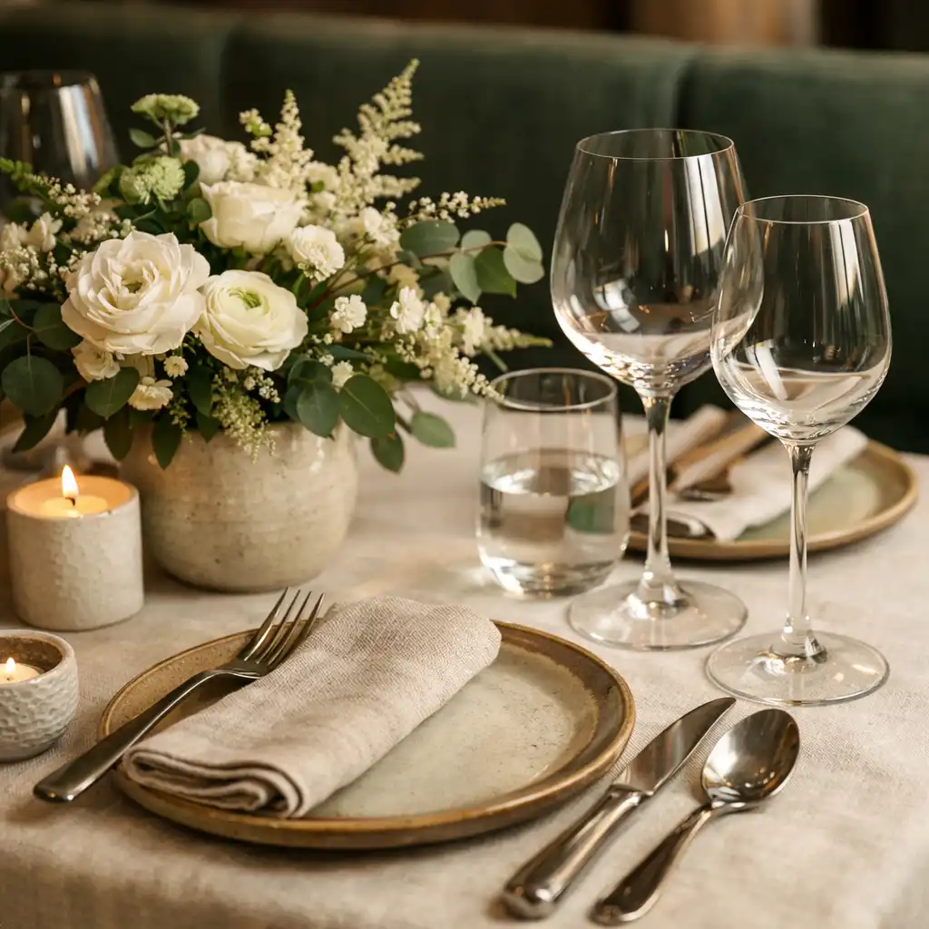 Détail d'une table dressée avec couverts élégants et décoration florale