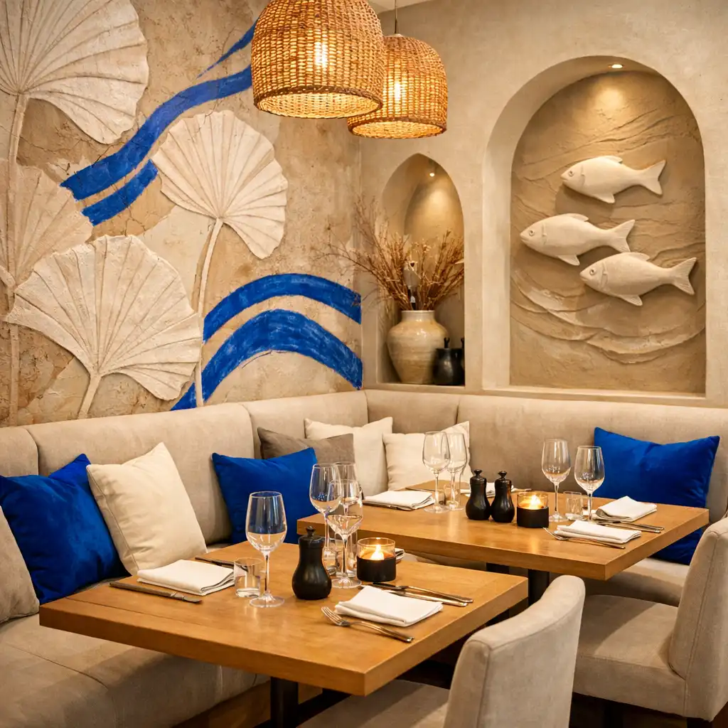 Coin du restaurant avec banquettes confortables et décoration murale artistique