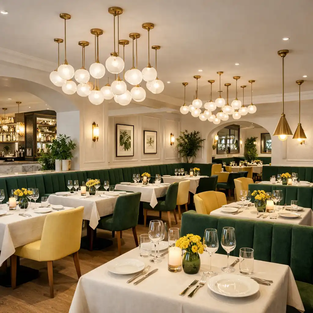 Vue d'ensemble du restaurant montrant l'agencement des tables et l'éclairage suspendu