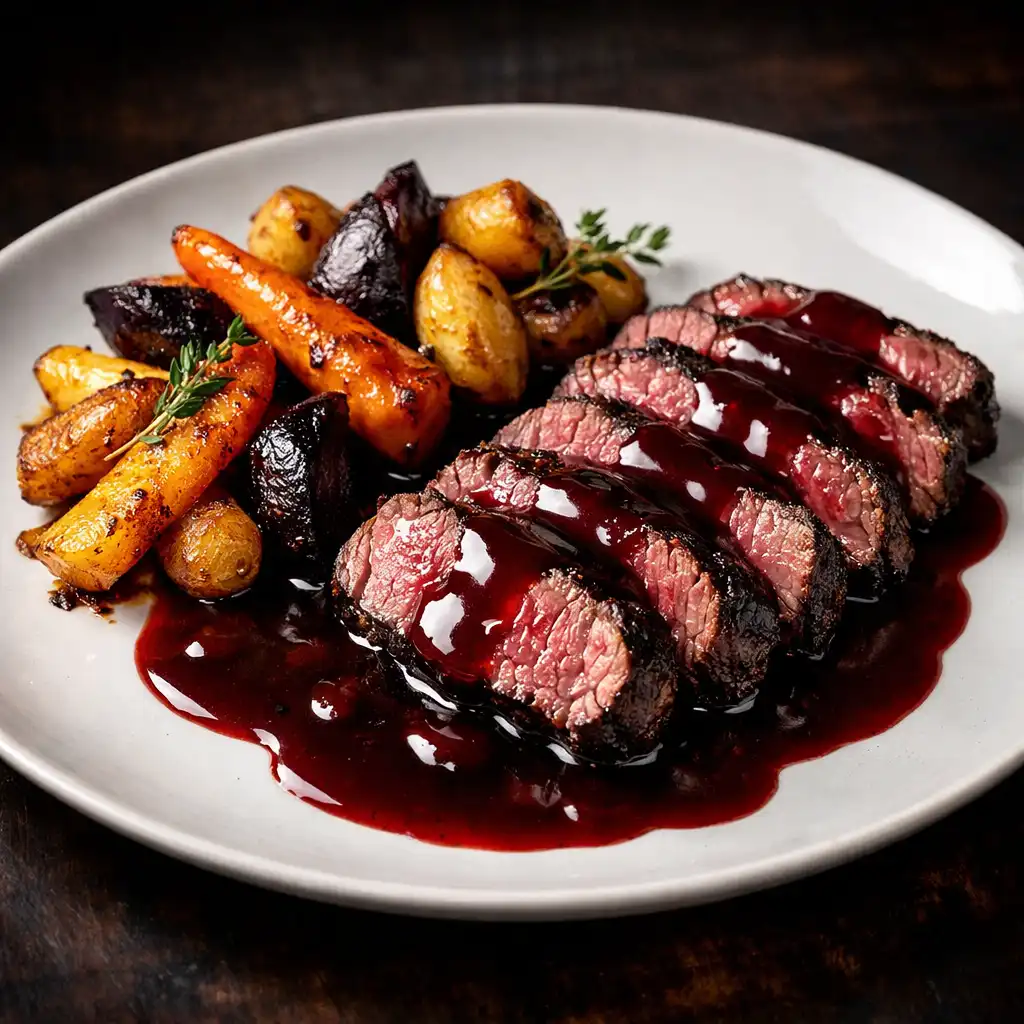 Filet de bœuf, sauce au vin rouge et légumes racines