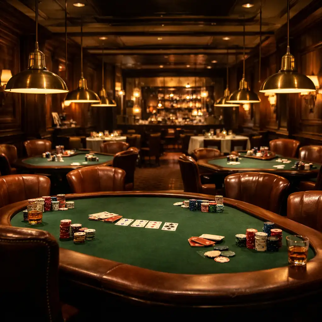 Salle de poker élégante avec tables en bois sombre, tapis vert forêt et suspensions en laiton