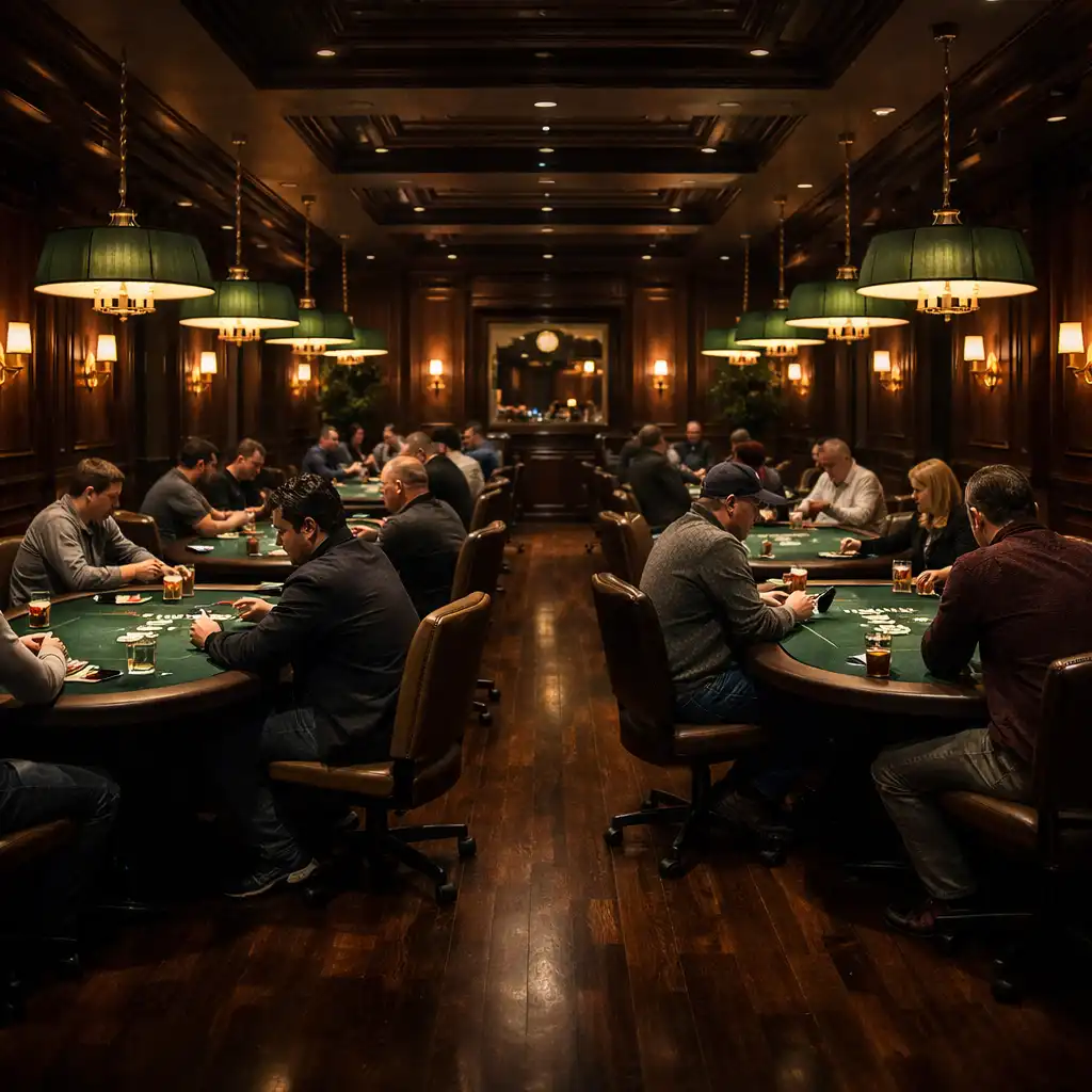 Vue d'ensemble de l'espace poker avec plusieurs tables et joueurs concentrés