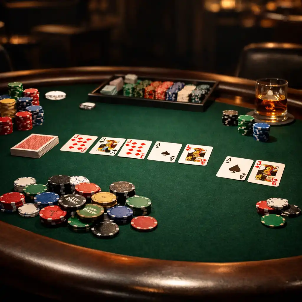Gros plan sur une table de poker en bois noble avec cartes et jetons
