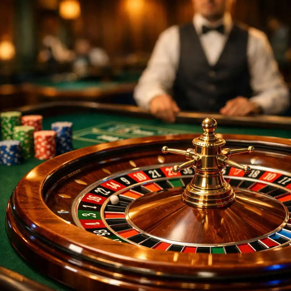 Table de roulette traditionnelle avec roue et croupier