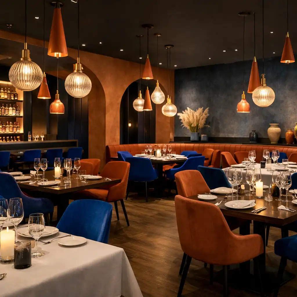 Vue de la salle de restaurant avec tables élégantes et éclairage suspendu
