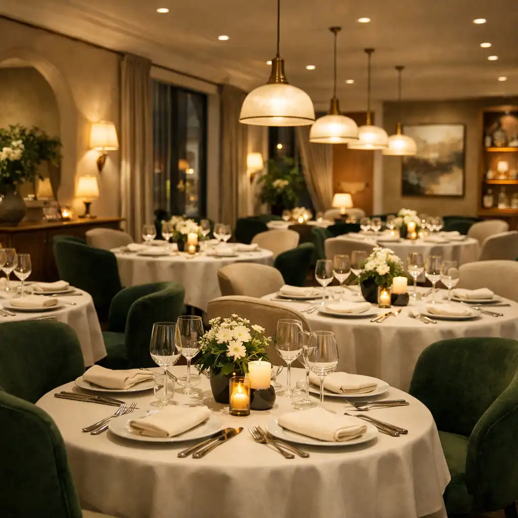 Salle principale du restaurant avec tables dressées et éclairage tamisé