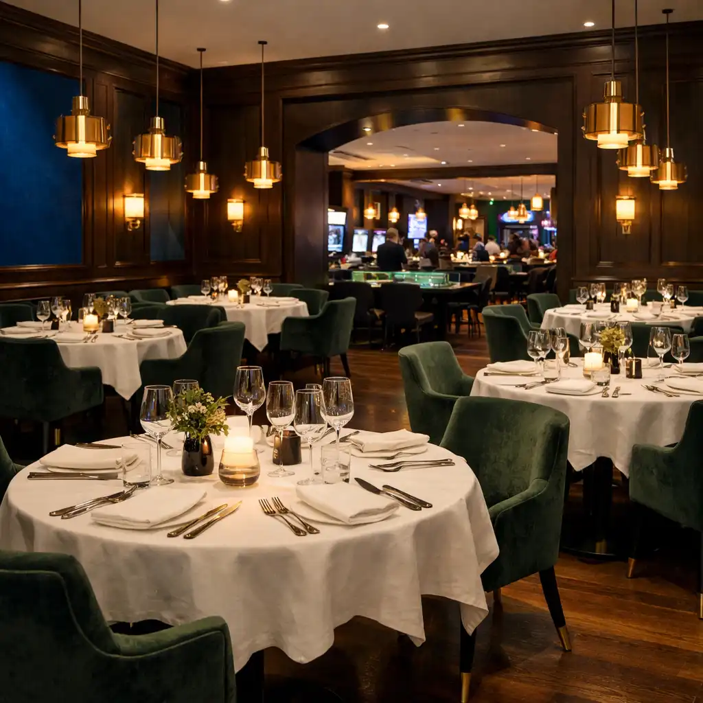 Vue panoramique de la salle de restaurant d'Atelier des Plats avec tables élégamment dressées et éclairage tamisé
