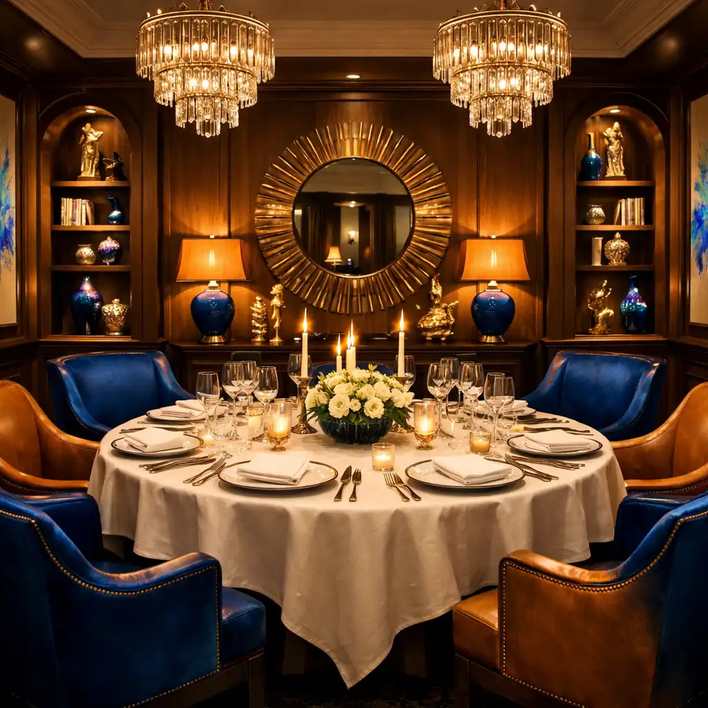 Salon privé avec table ronde dressée pour un dîner intime