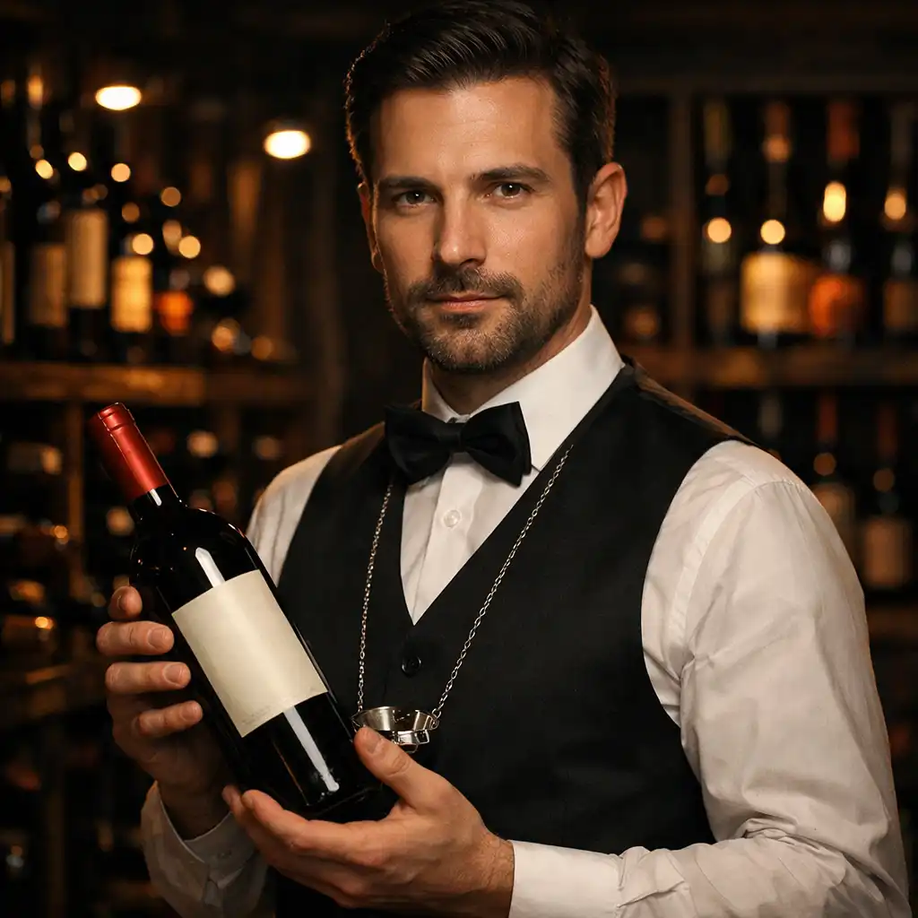 Portrait du sommelier dans une cave à vin, tenant une bouteille de vin rouge