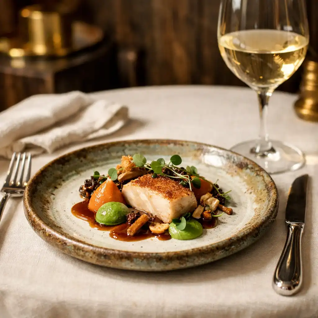 Gros plan sur une table dressée avec une assiette en céramique artisanale, couverts en argent et verre à vin