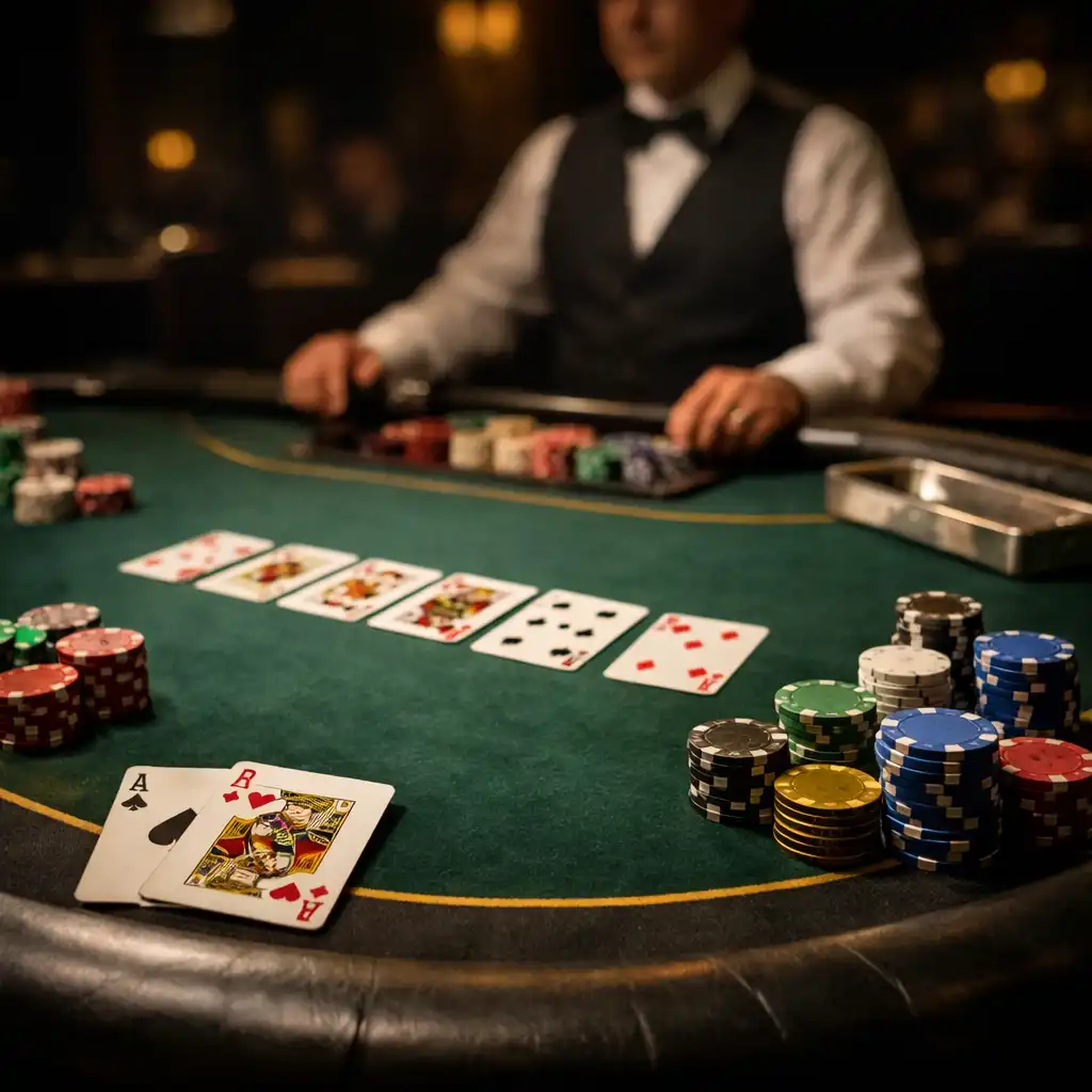 Vue d'une table de poker dans le casino physique avec cartes et jetons, tapis vert forêt et éclairage tamisé